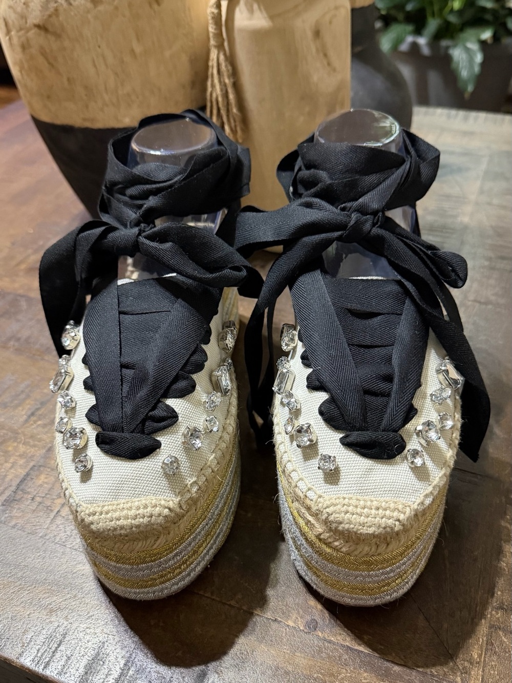 EUC LOEWE Crystal Embellished Lace-Up Espadrille Platform Sandals, EU 40